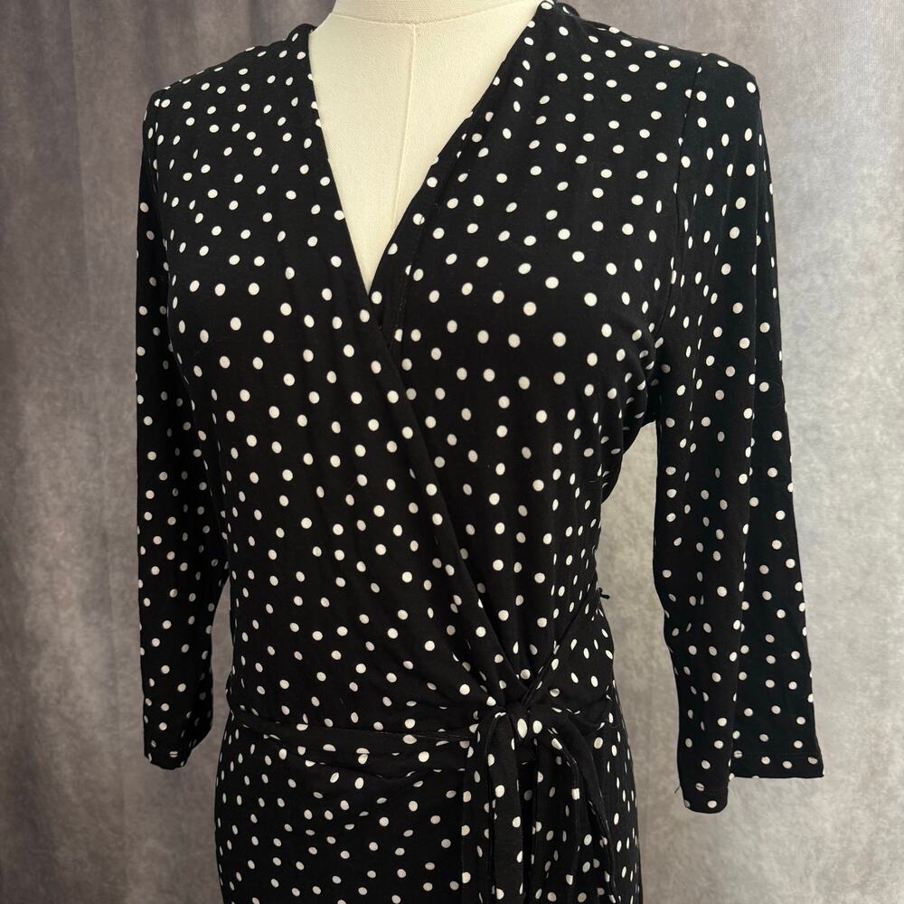 Black White Polka Dot Wrap Dress Stretchy XXL with Tie Bow Waist Mid Length - Picture 5 of 10